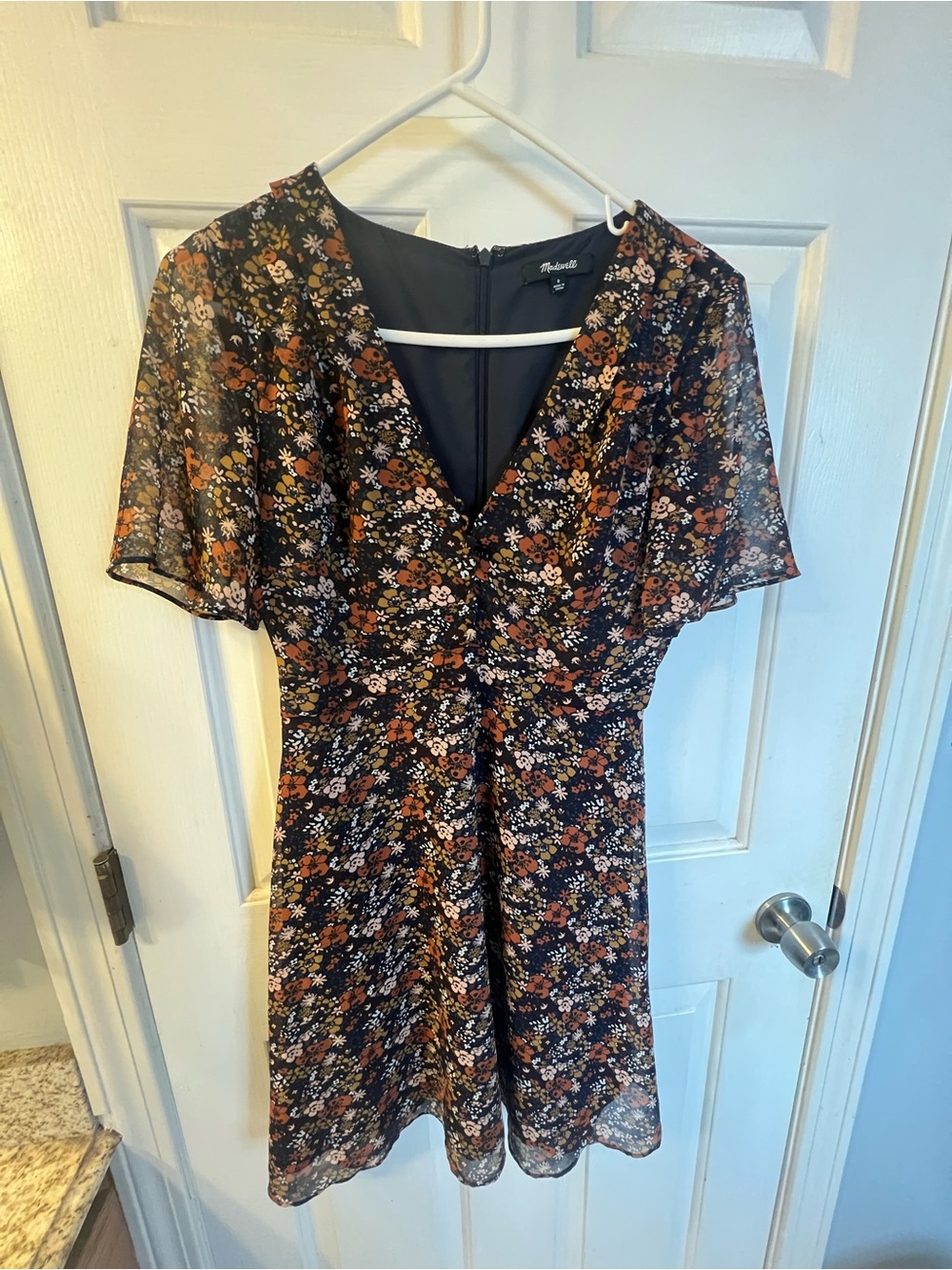 Madewell V-Neck Silk Flutter Sleeve Dress